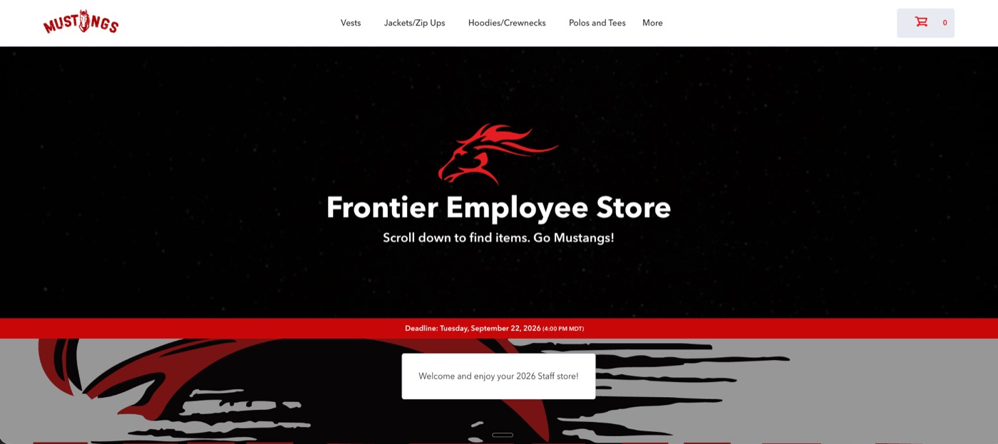An online store homepage with the group's own logo and colors, a welcome message and an order deadline across the top.