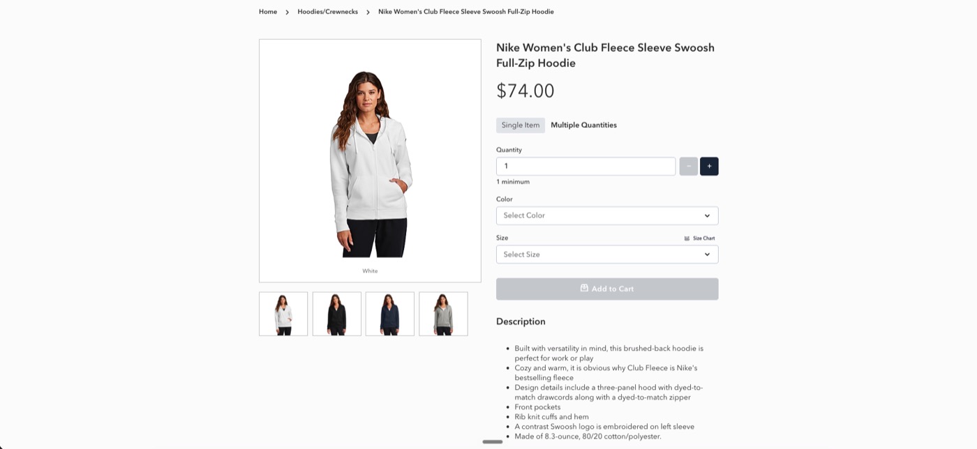 A product page for a zip hoodie with color and size pickers, a quantity box and an add-to-cart button.