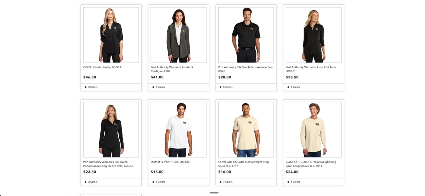 A store catalog page showing polos, tees and knitwear, each with a price and the number of colors available.