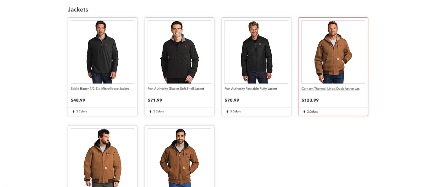 A store page showing branded jackets and outerwear, each with a price and color options.